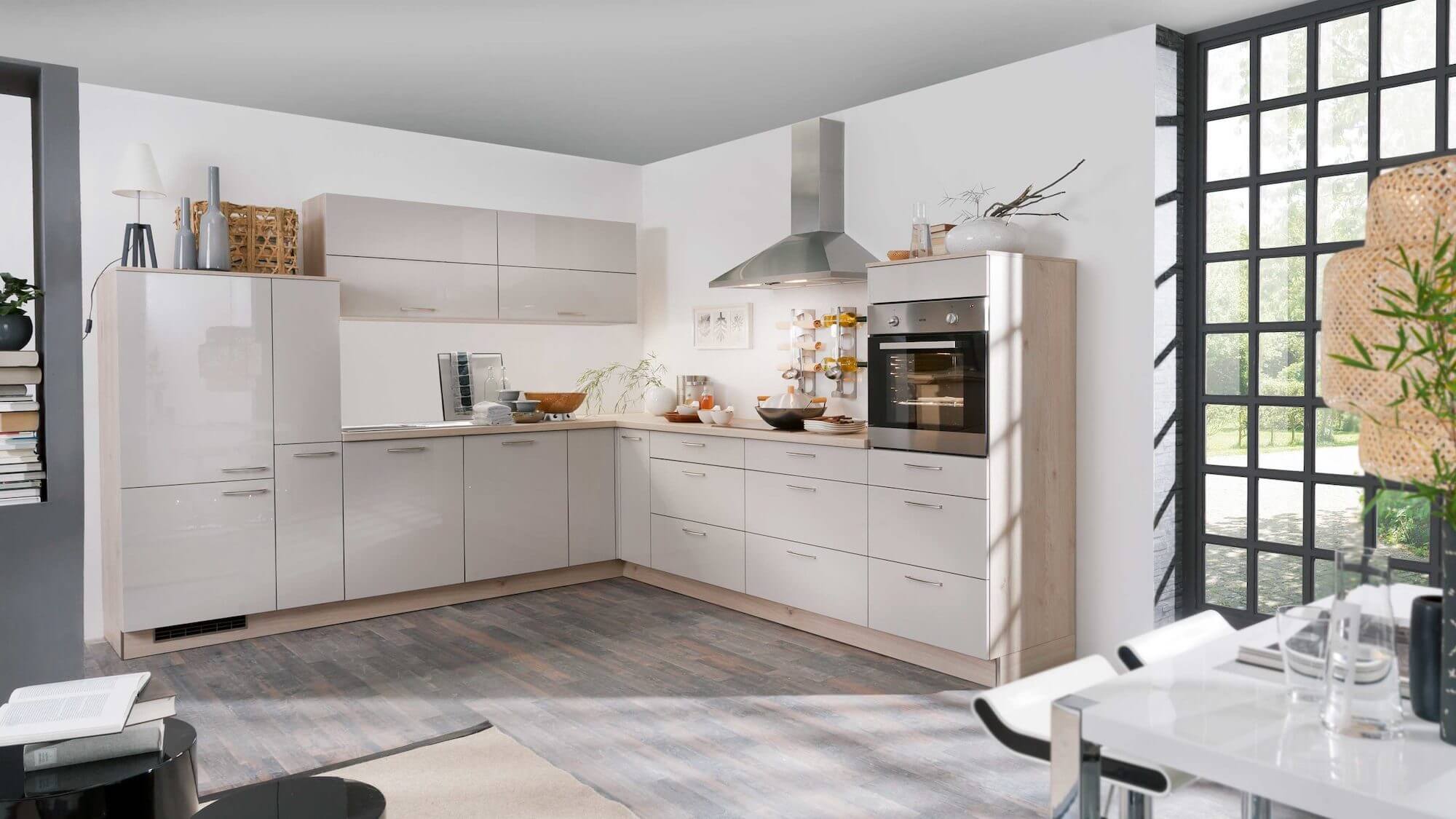 Express moderne L-Küche Creme Wildeiche
