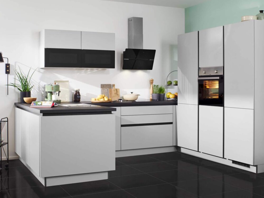 Express Design U-Küche matt grau mit Griffmulden